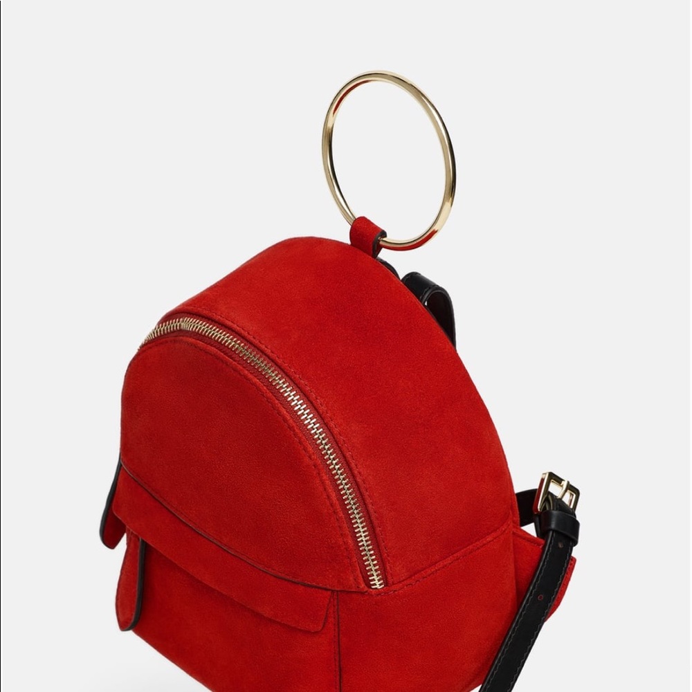 NWOT Zara Mini Suede Backpack Gold Ring, Rust Blk - Picture 6 of 8